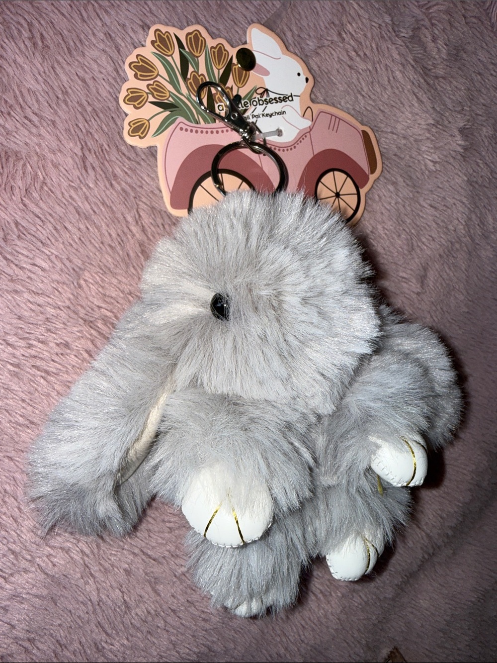 🐰 Plush Gray Bunny Rabbit Bag Charm Keychain - Soft Faux Fur Pet